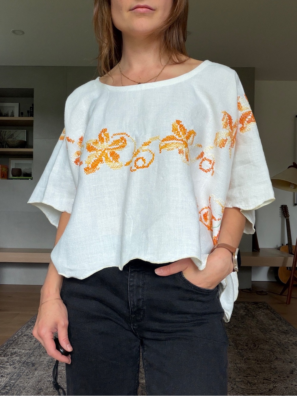 Upcycled White Linen Embroidered Boxy Top with Orange Floral Detail s-XL